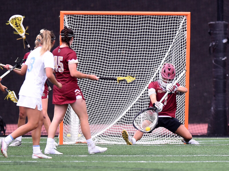 TOWSON, MD - MAY 28: Rachel Hall #1 of the Boston College makes a save in the first half against the North Carolina Tar Heels during the Division I Womens Lacrosse Semifinals held at Johnny Unitas Stadium on May 28, 2021 in Towson, Maryland. (Photo by Greg Fiume/NCAA Photos via Getty Images)